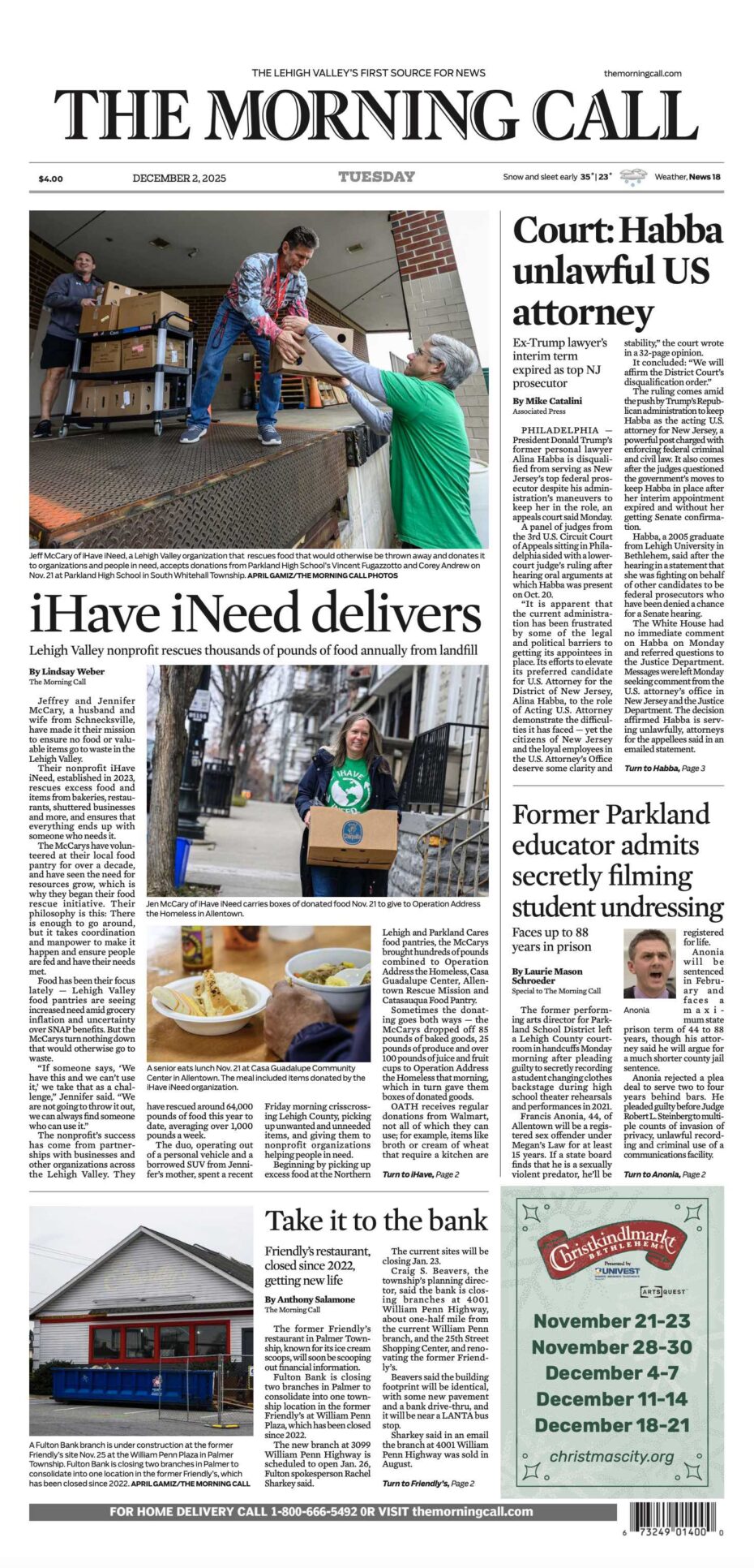 front page from The Morning Call